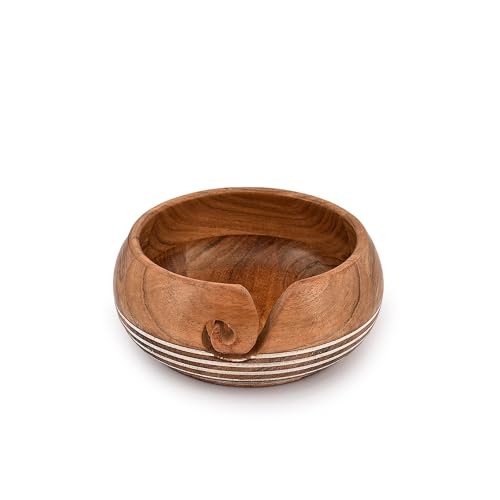 EDHAS Handmade Acacia Wood Yarn Bowl by Indian Artisans for Knitting & Crocheting