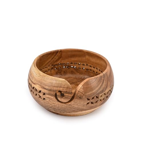 Samhita Acacia Wood Yarn Bowl Holder | Handmade Crocheting Organizer (7 x 7 x 4)