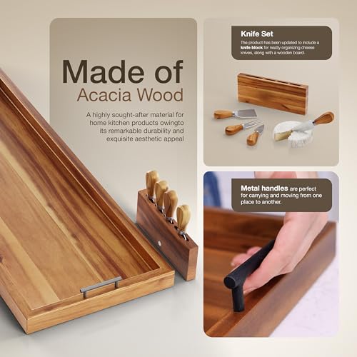 Large Acacia Wood Charcuterie Board with Metal Handles & Knife Set